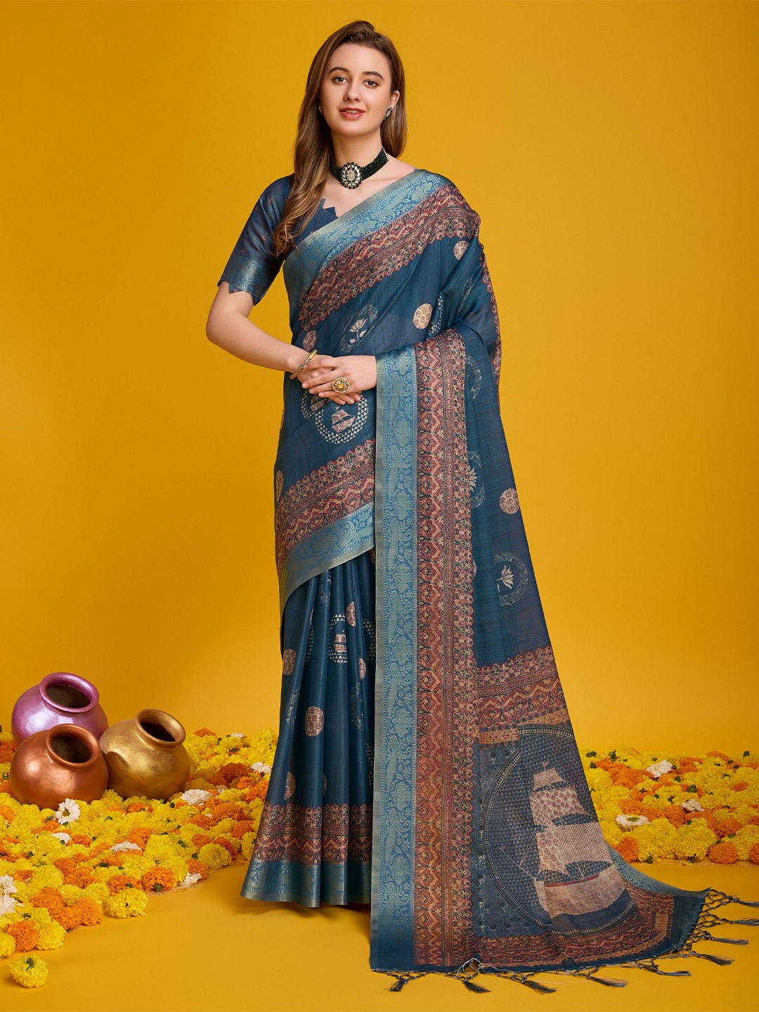 

Mitera Floral Printed Pure Silk Banarasi Zari Saree, Teal