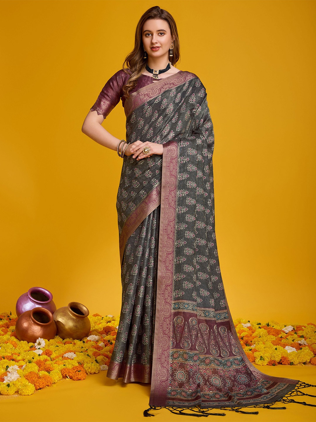 Mitera Floral Printed Pure Silk Banarasi Zari Saree, Green