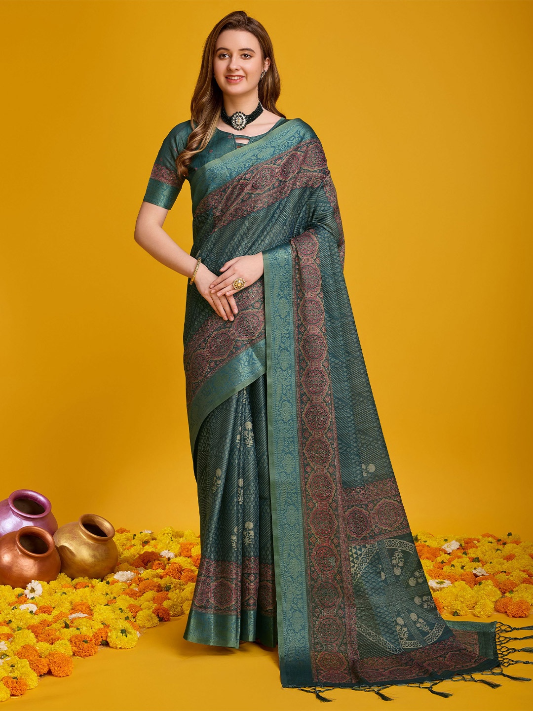 

Mitera Leheriya Printed Pure Silk Zari Saree, Green