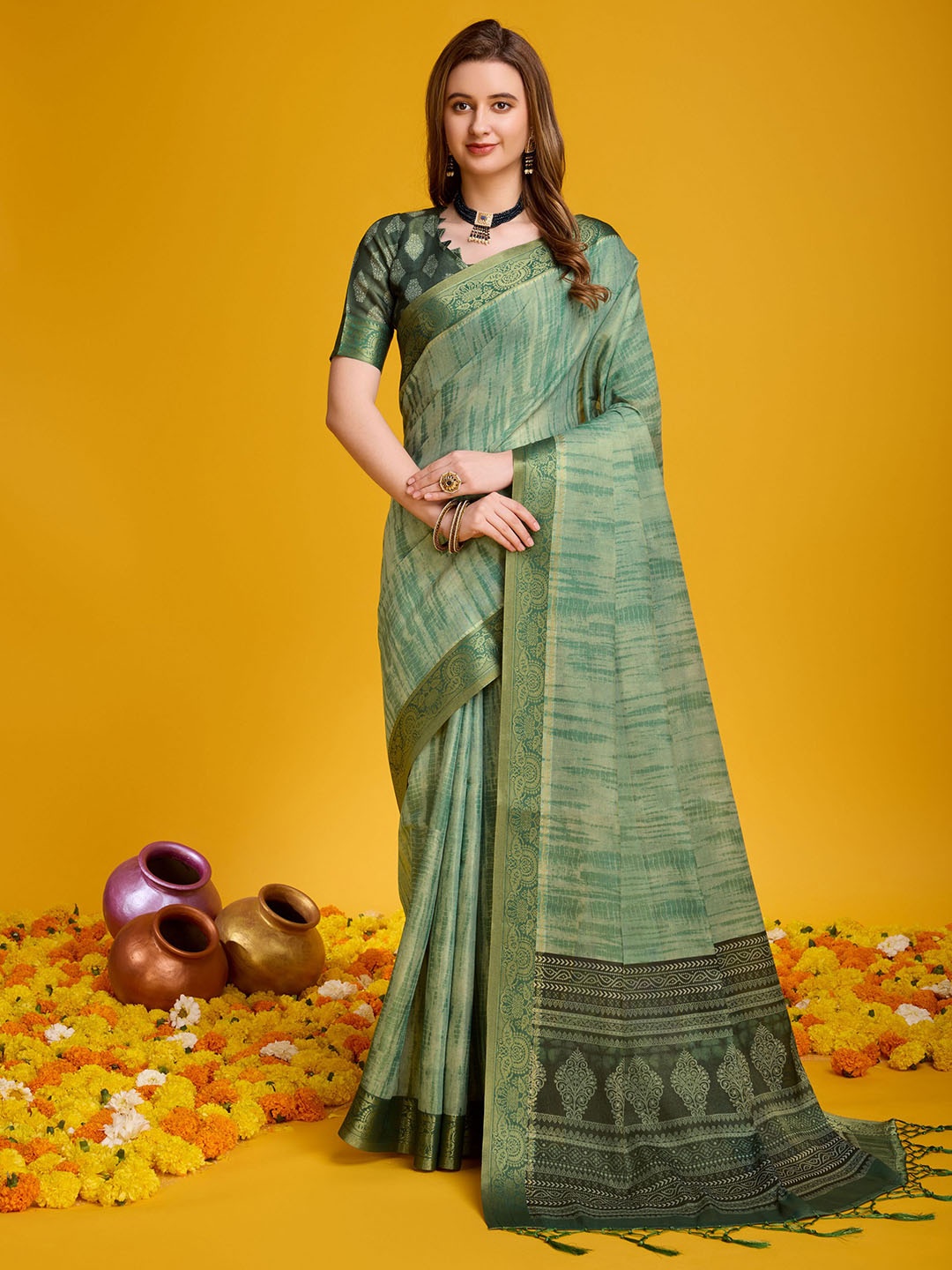 Mitera Abstract Printed Zari Pure Silk Banarasi Saree, Green