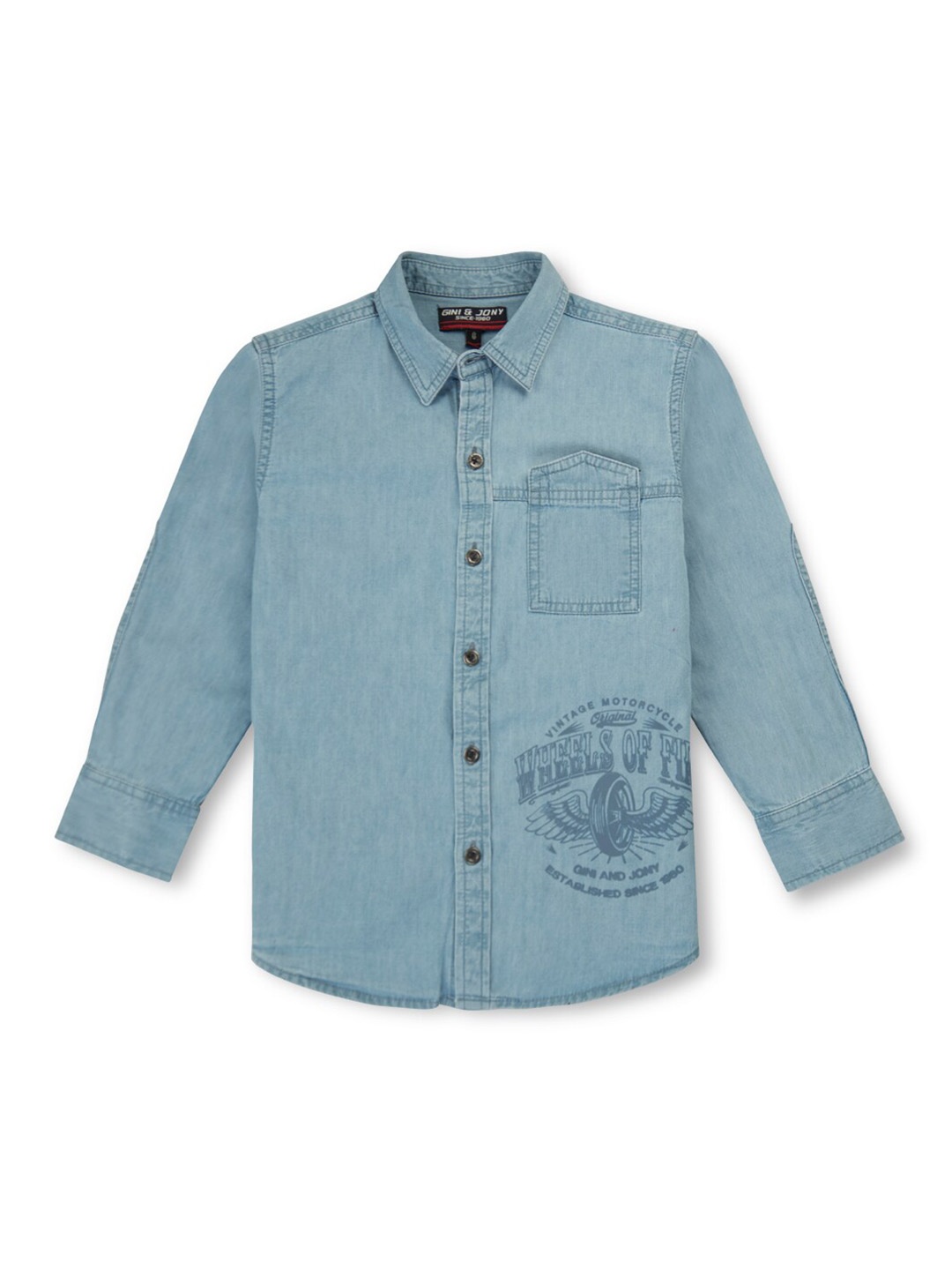 

Gini and Jony Boys Spread Collar Long Sleeves Printed Regular Fit Denim Casual Shirt, Blue