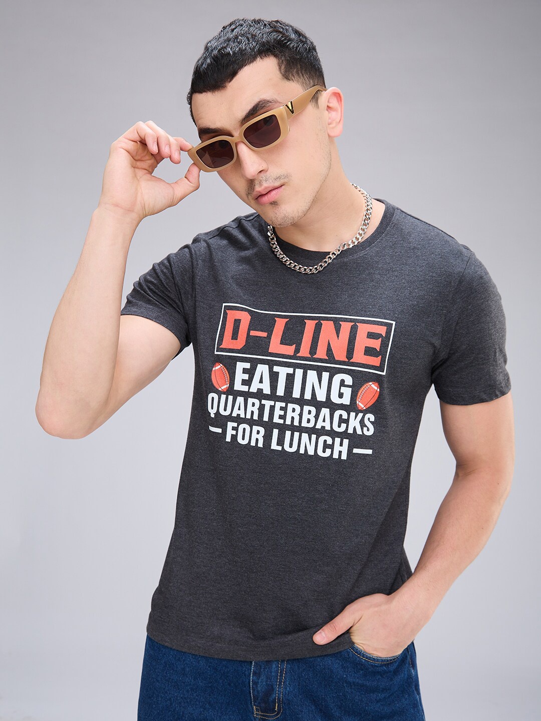 

NOIRA Typography Printed Round Neck Cotton T-shirt, Charcoal