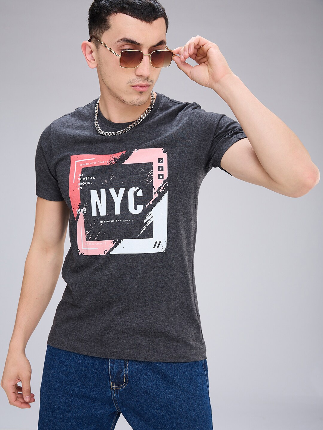 

NOIRA Typography Printed Round Neck Cotton T-shirt, Charcoal