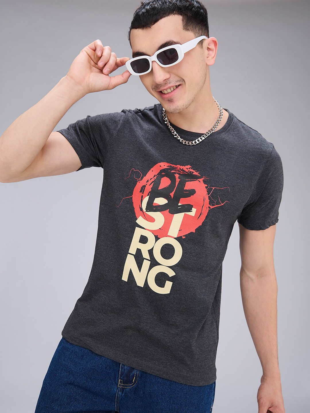 

NOIRA Typography Printed Round Neck Cotton T-shirt, Charcoal
