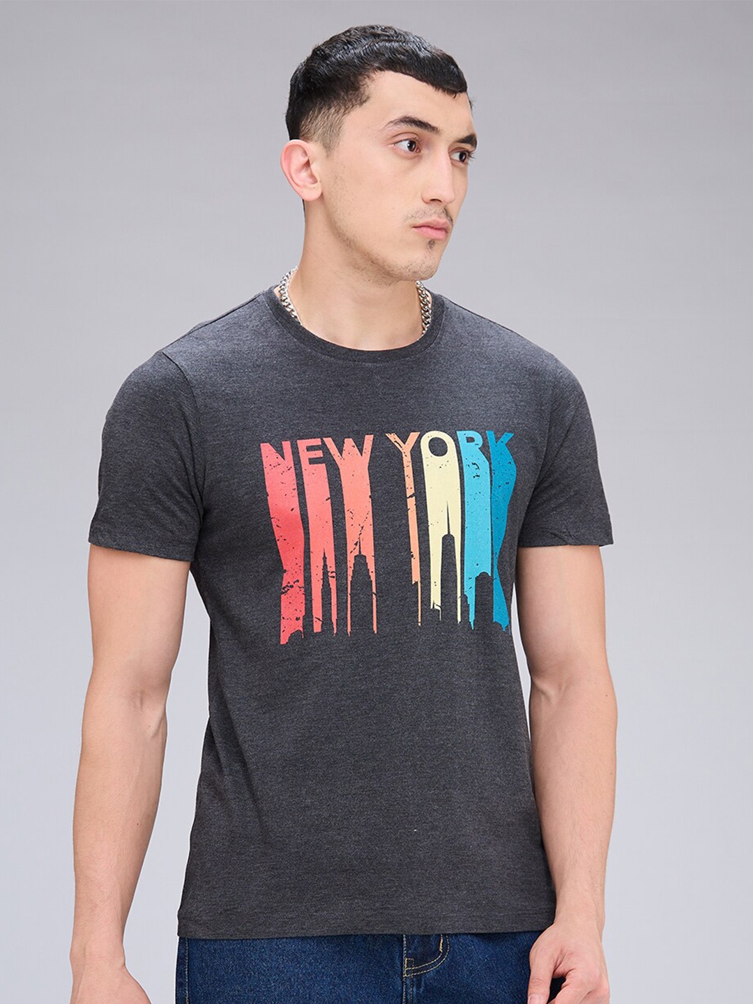 

NOIRA Typography Printed Round Neck Cotton T-shirt, Charcoal