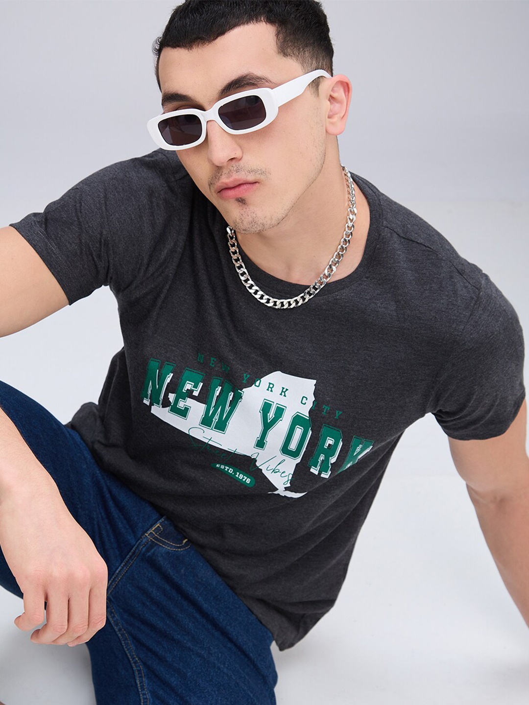 

NOIRA Typography Print Round Neck Cotton T-shirt, Charcoal