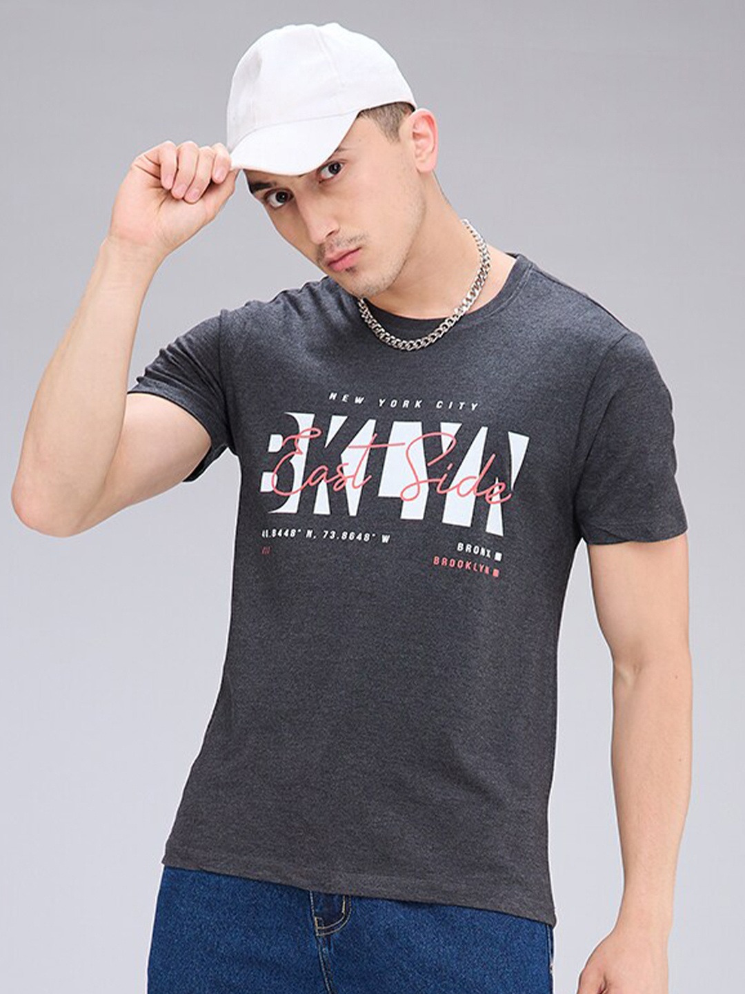 

NOIRA Typography Printed Round Neck Cotton T-shirt, Charcoal