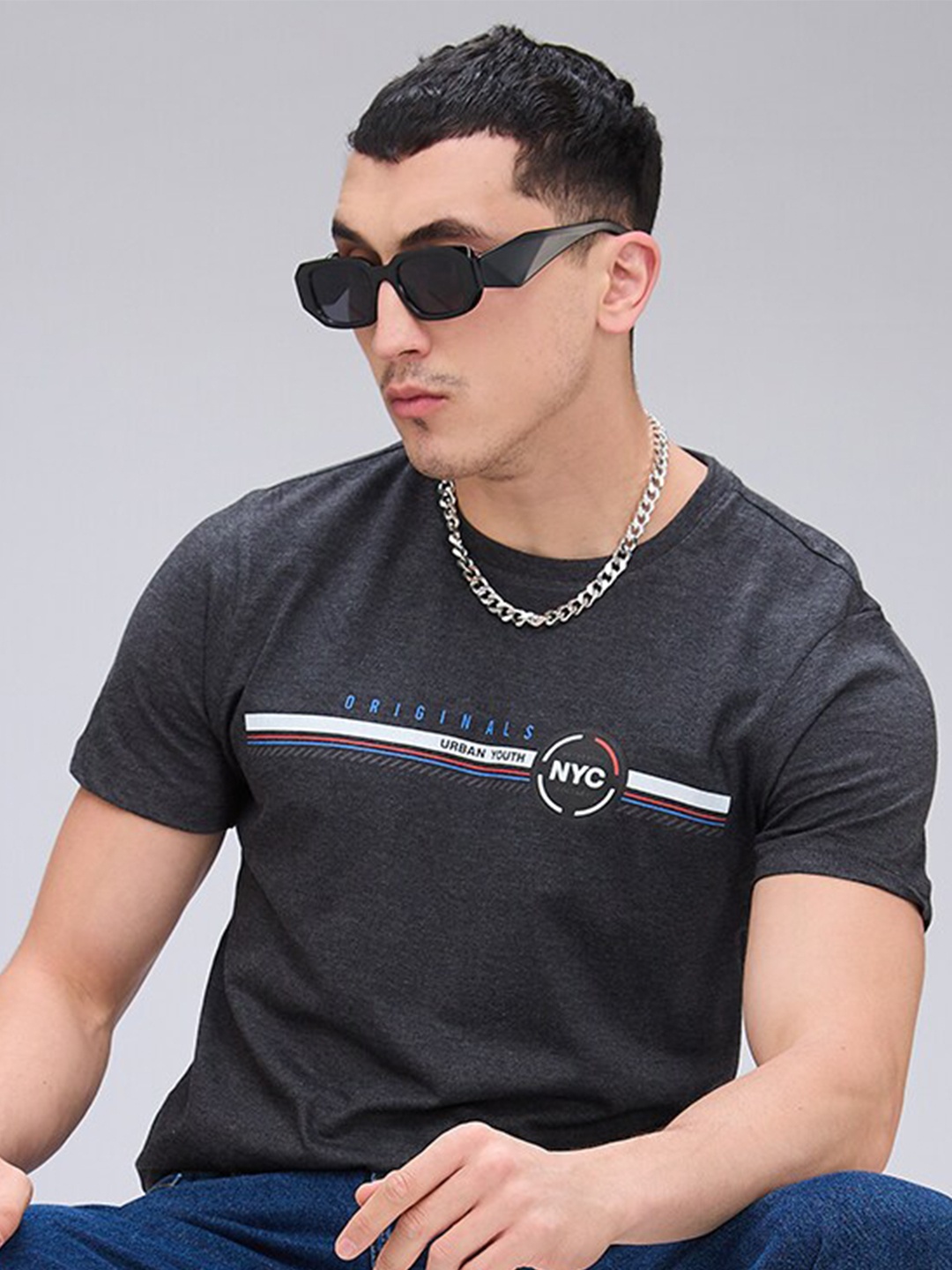 

NOIRA Typography Printed Round Neck Cotton T-shirt, Charcoal