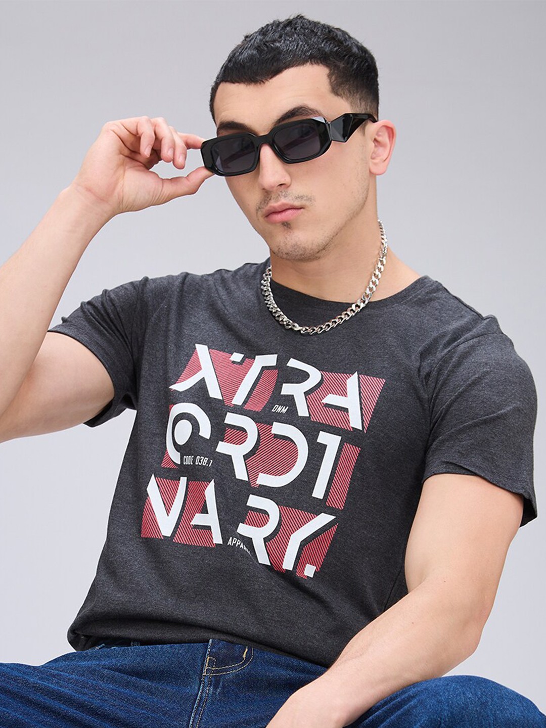 

NOIRA Typography Printed Round Neck Cotton T-shirt, Charcoal