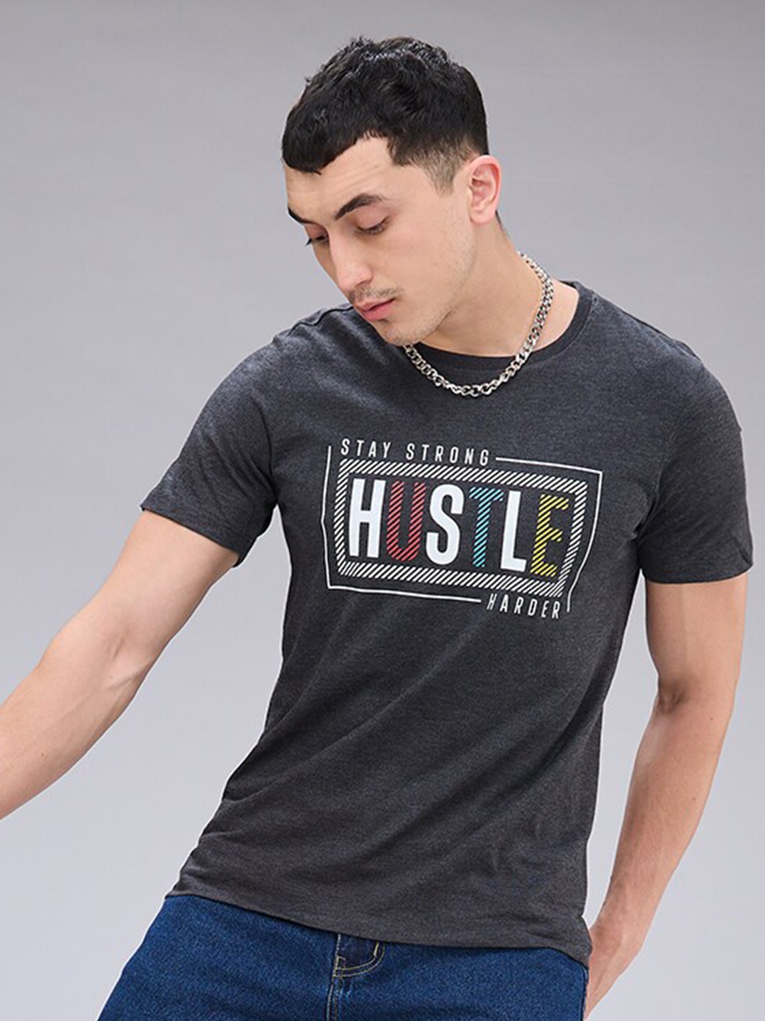 

NOIRA Typography Printed Round Neck Cotton T-shirt, Charcoal