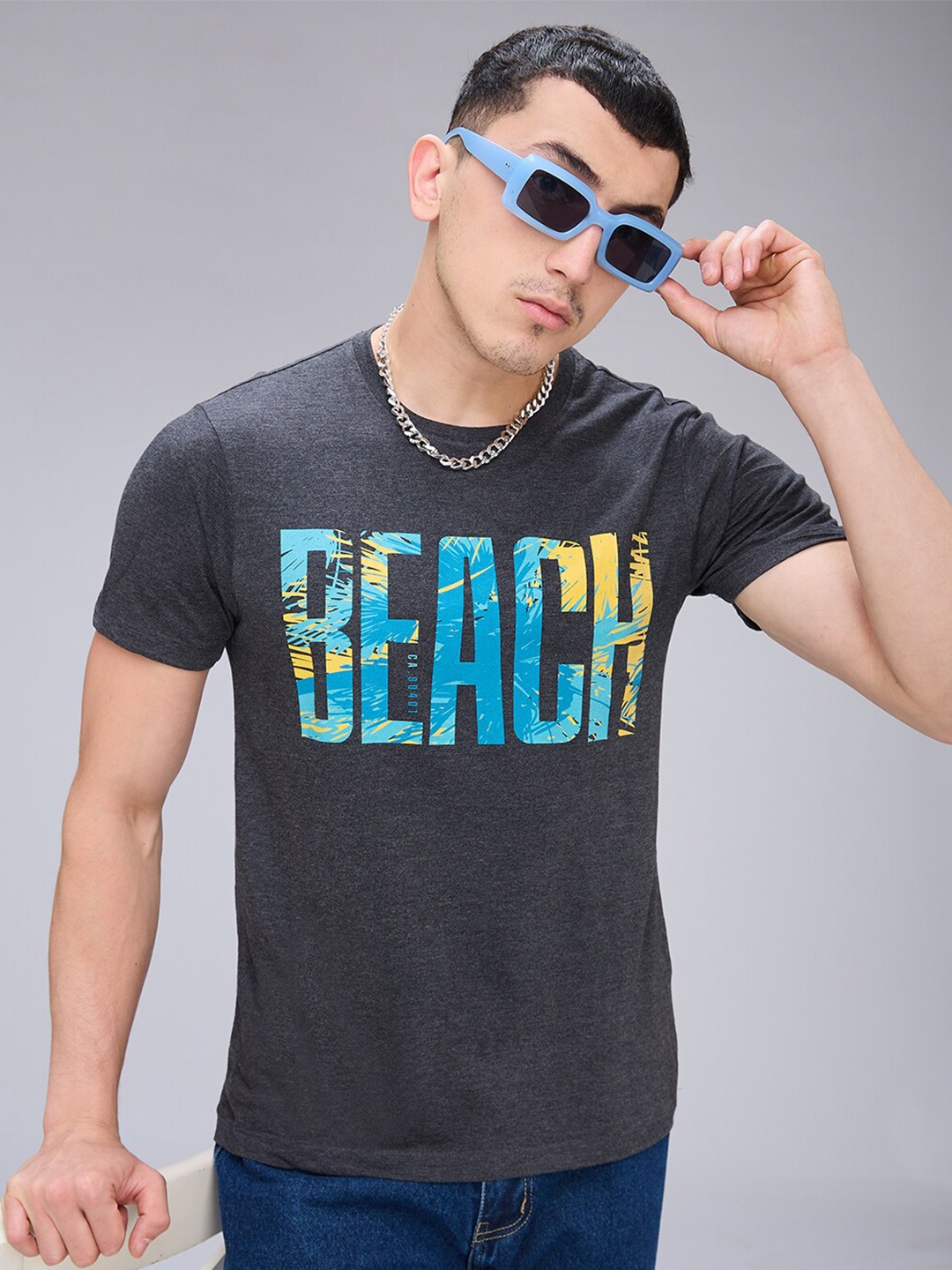 

NOIRA Typography Printed Round Neck Cotton T-shirt, Charcoal