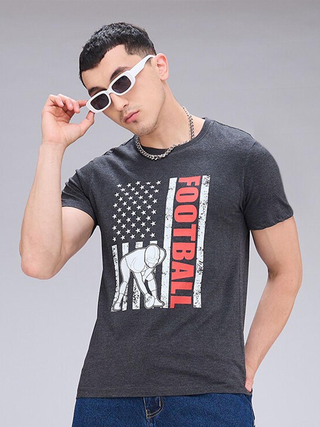 

NOIRA Typography Printed Round Neck Cotton T-shirt, Charcoal