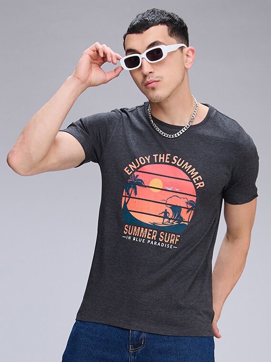 

NOIRA Graphic Printed Round Neck Cotton T-shirt, Charcoal