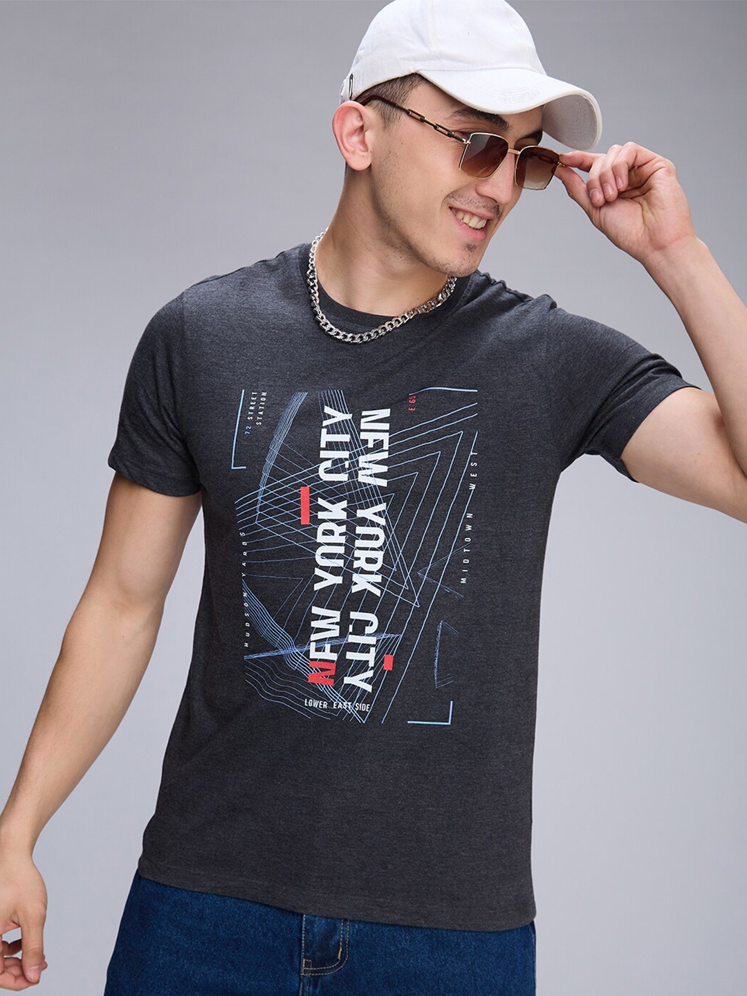 

NOIRA Typography Printed Round Neck Cotton T-shirt, Charcoal
