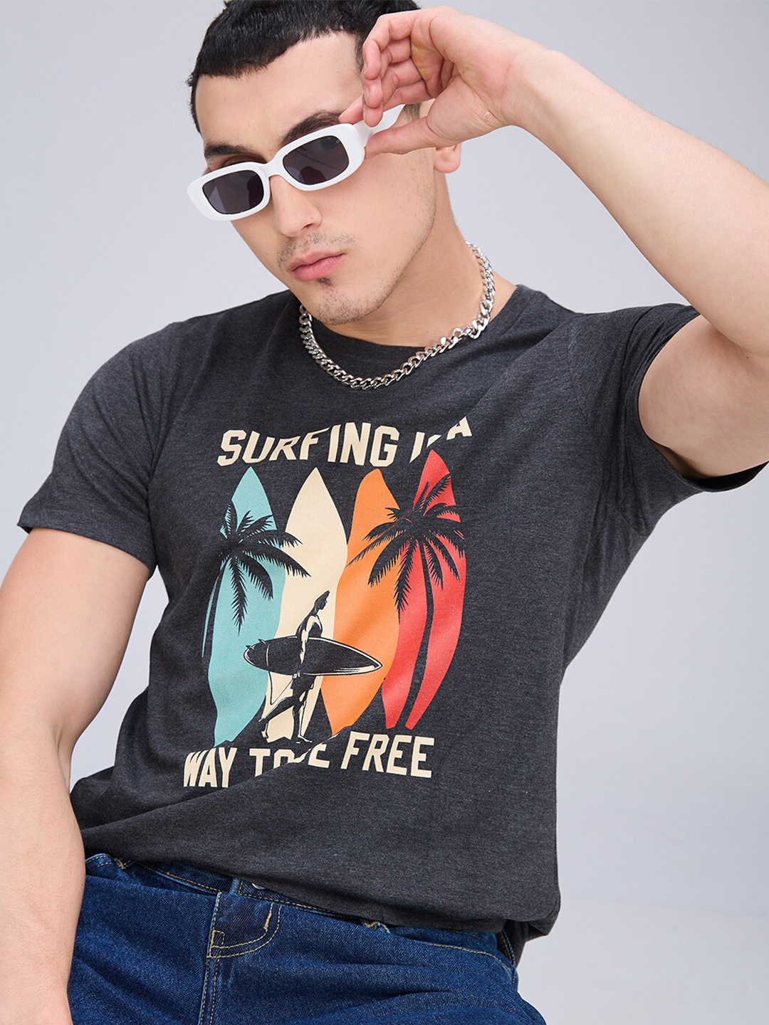 

NOIRA Typography Printed Round Neck Cotton T-shirt, Charcoal