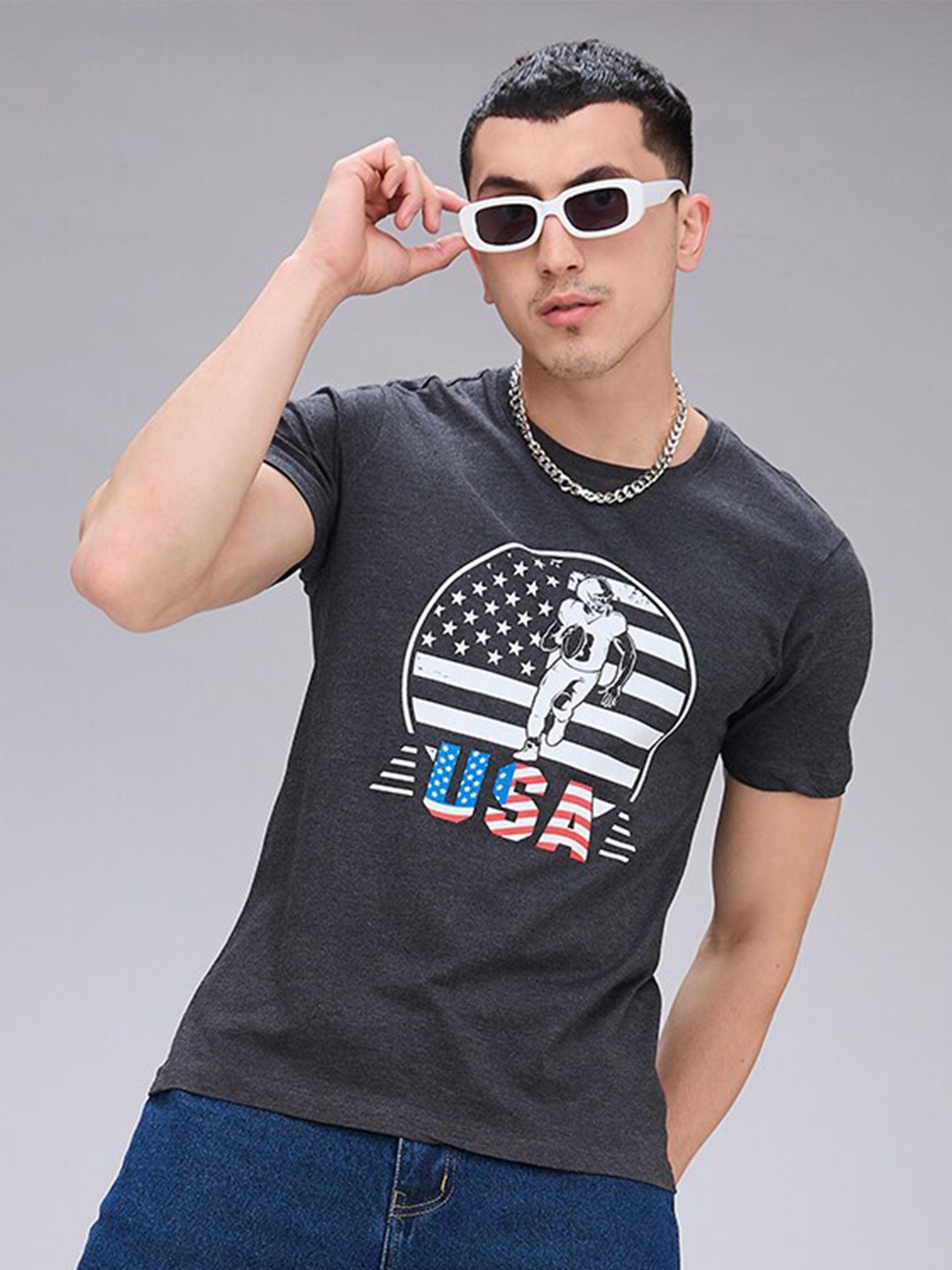 

NOIRA Graphic Printed Round Neck Cotton T-shirt, Charcoal