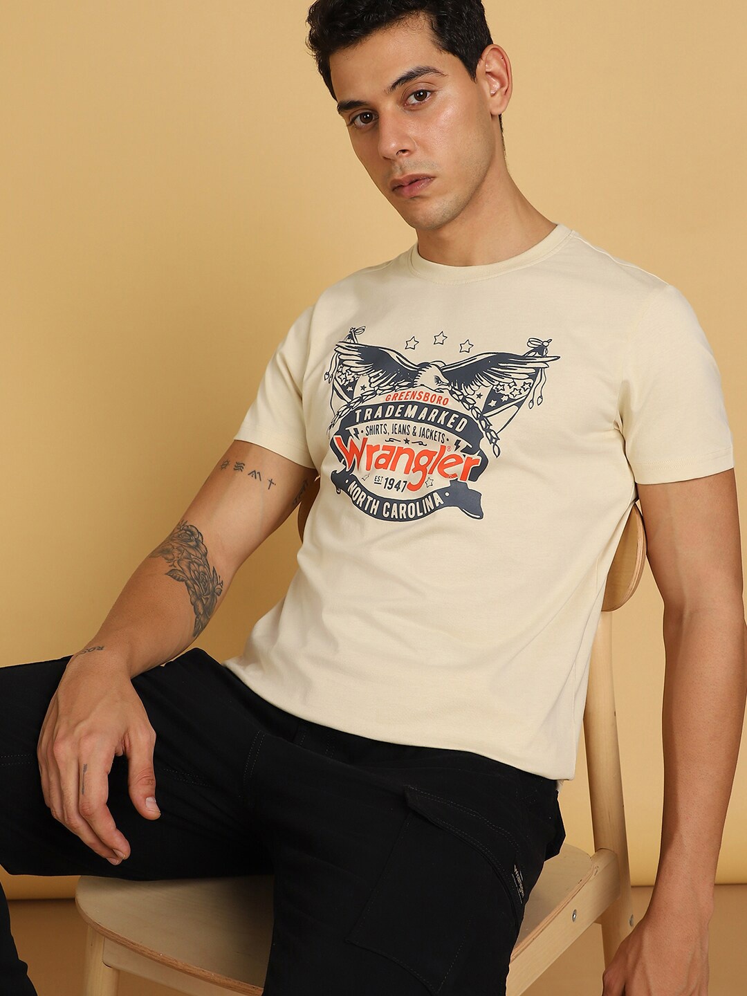

Wrangler Typography Printed Round Neck Short Sleeves Regular Fit T-shirt, Beige