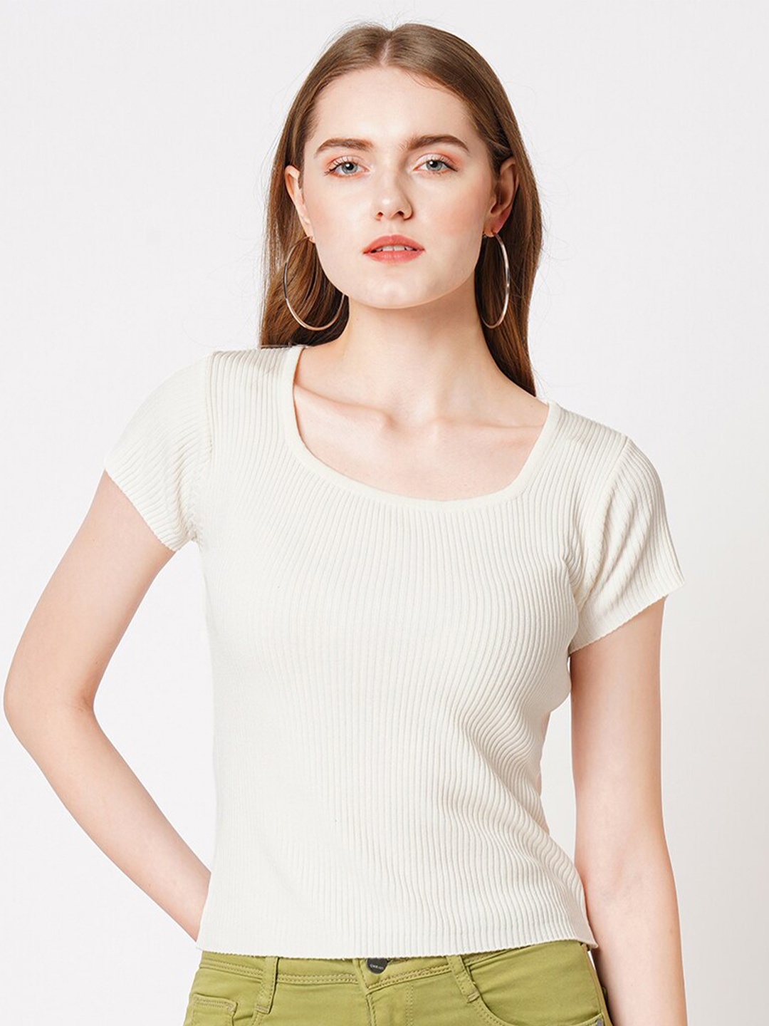 

Kraus Jeans Striped Round Neck Short Sleeves Slim Fit Top, White