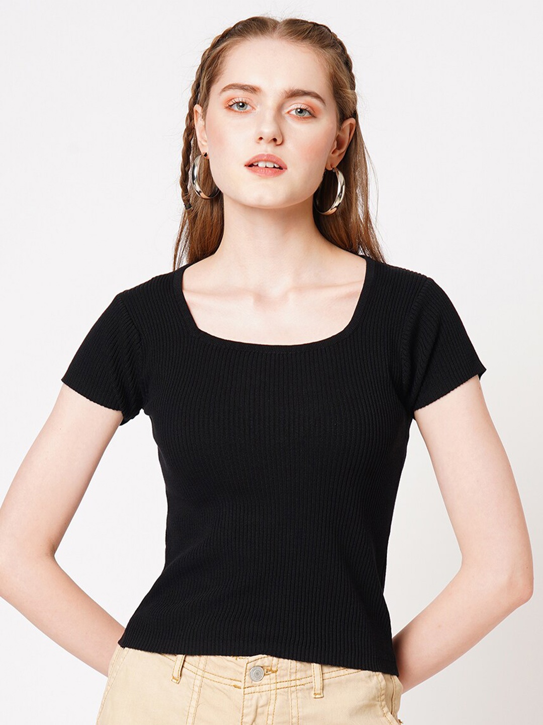 

Kraus Jeans Striped Round Neck Short Sleeves Slim Fit Top, Black