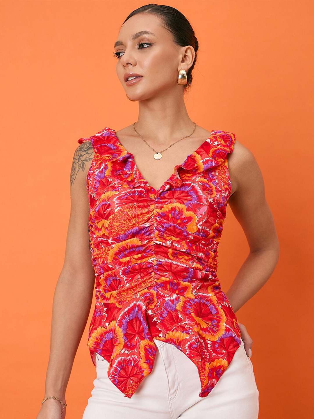 

Uptownie Sleeveless Stretchable Ruffled Top, Red