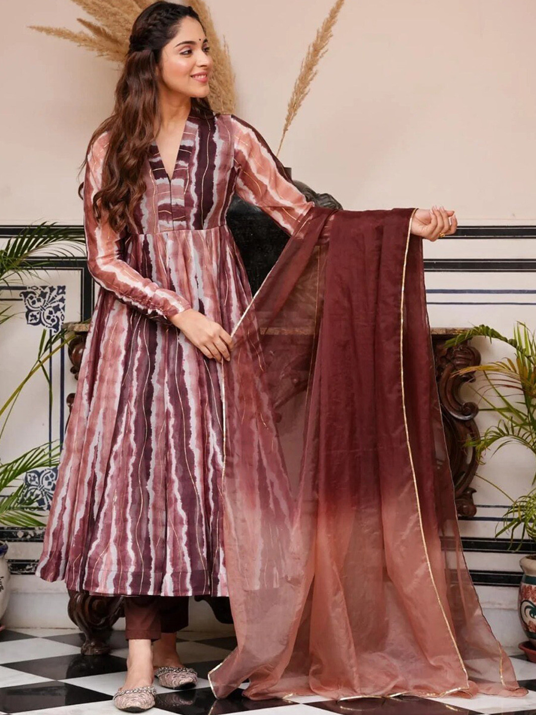 

PERFECTBLUE Striped Anarkali Kurta with Trousers & With Dupatta, Brown