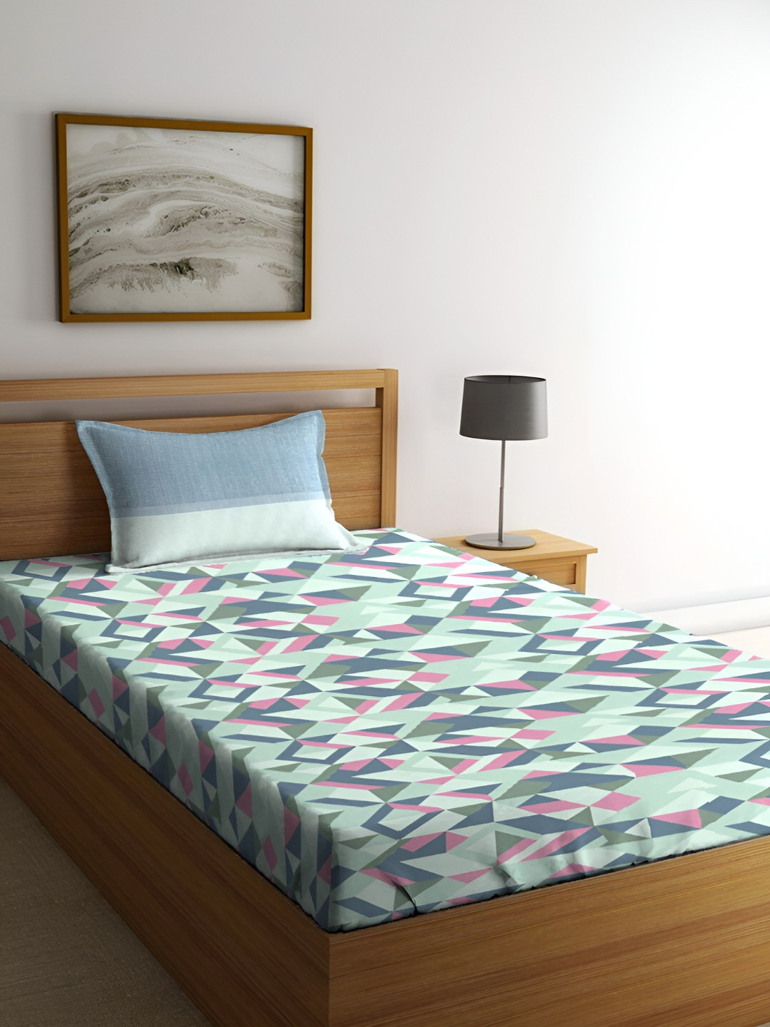 

MYTRIDENT Blue & Green Geometric 144 TC Cotton Single Bedsheet with 1 Pillow Covers