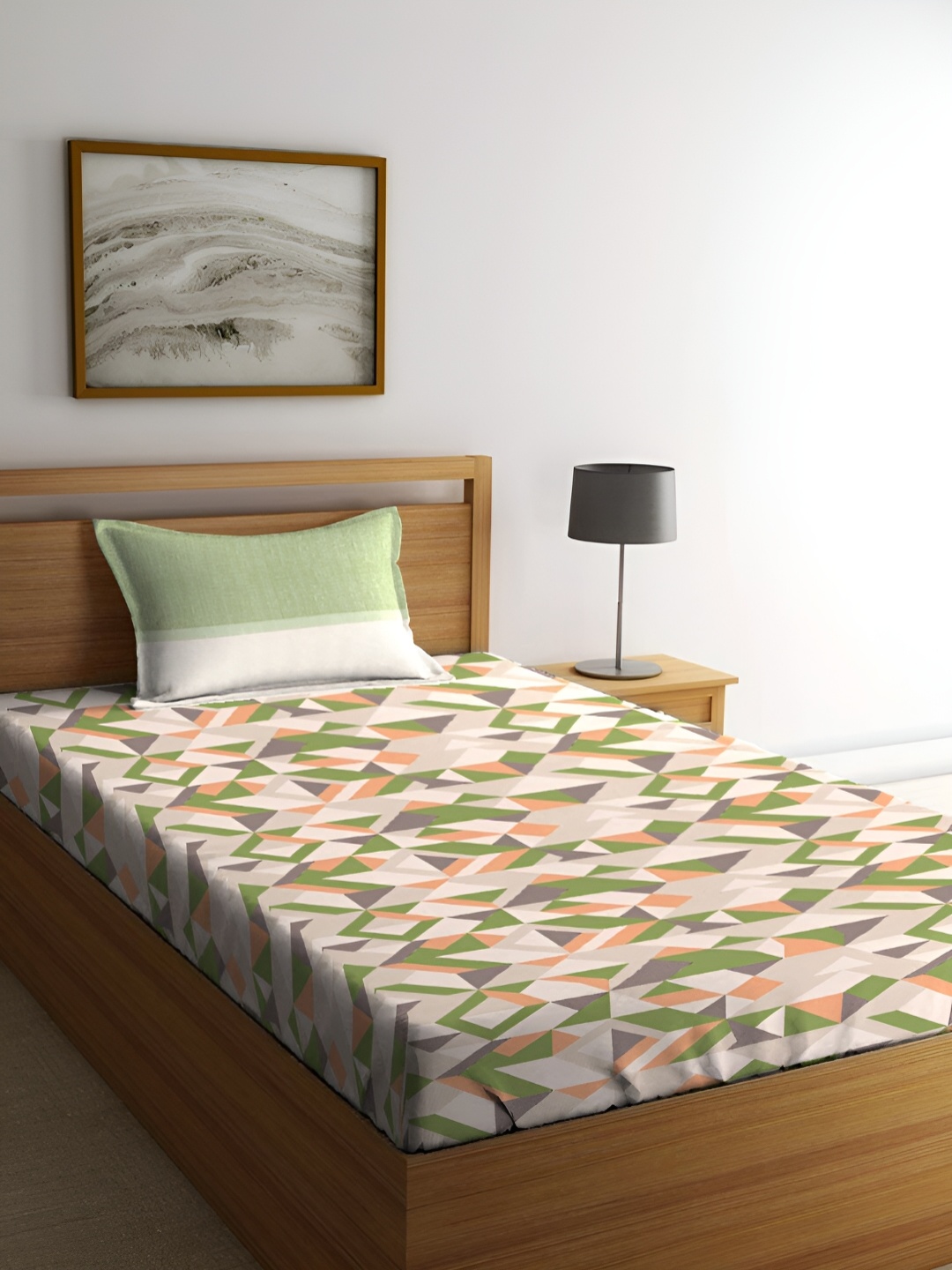 

MYTRIDENT Green & Peach Geometric Cotton 144 TC Single Bedsheet With 1 Pillow Cover