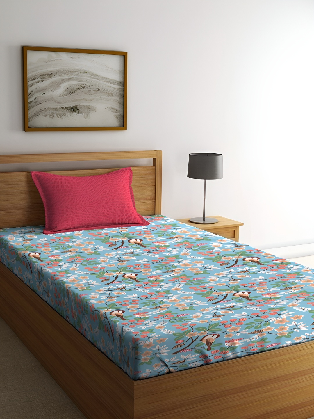 

MYTRIDENT Blue & White Floral Cotton 144 TC Single Bedsheet With 1 Pillow Cover