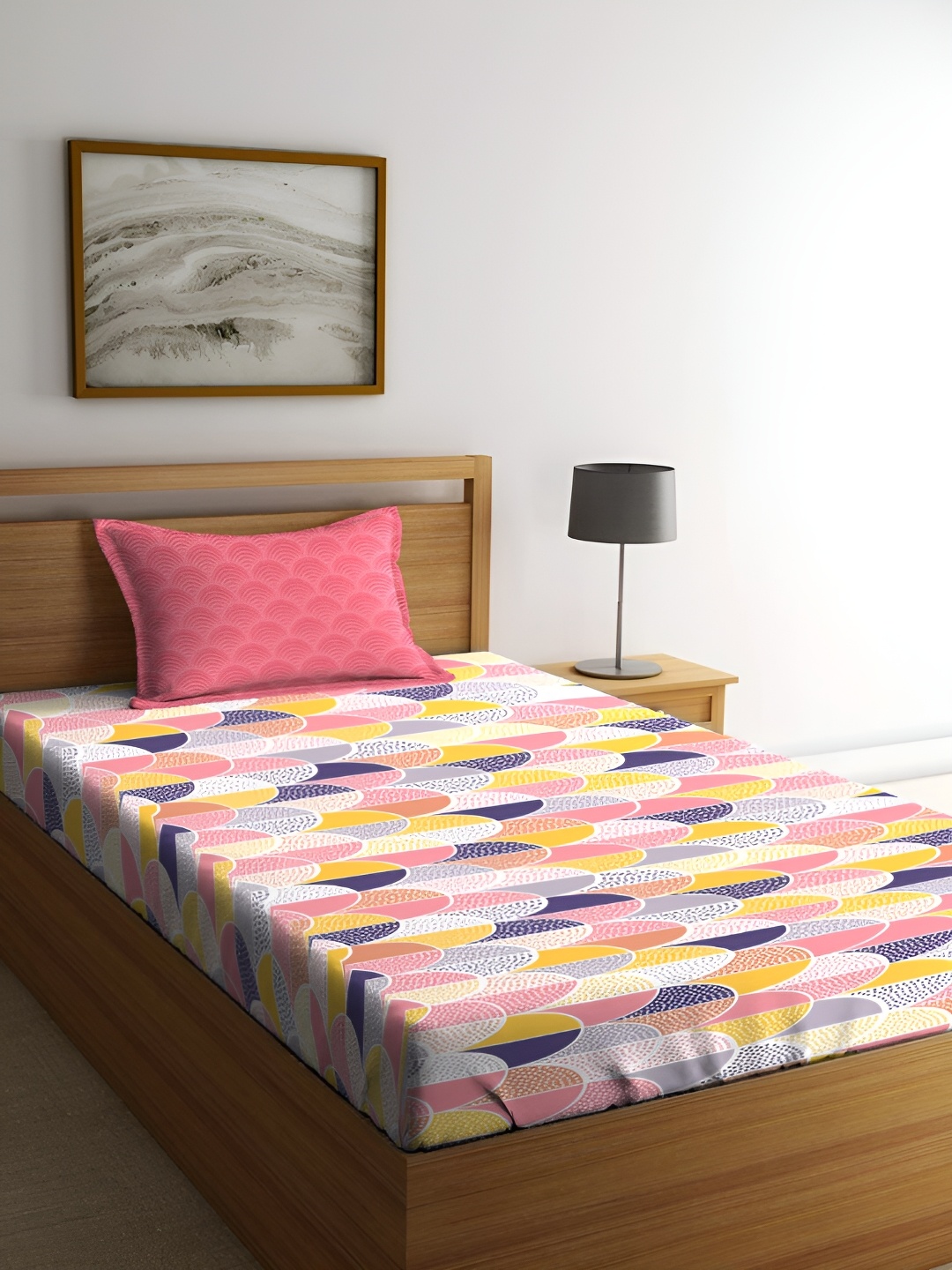 

MYTRIDENT Pink & Blue Geometric Cotton 144 TC Single Bedsheet With 1 Pillow Cover