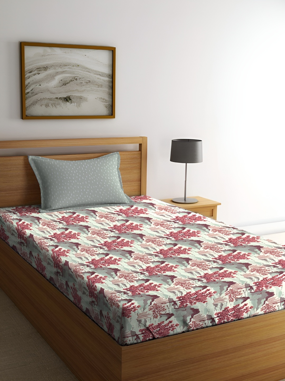 

MYTRIDENT Pink & Green Floral Cotton 144 TC Single Bedsheet With 1 Pillow Cover
