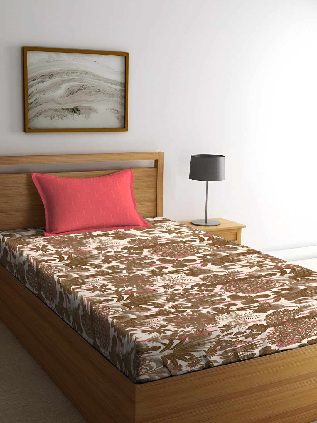 

MYTRIDENT Brown & White Floral 120 TC Cotton Single Bedsheet with 1 Pillow Covers