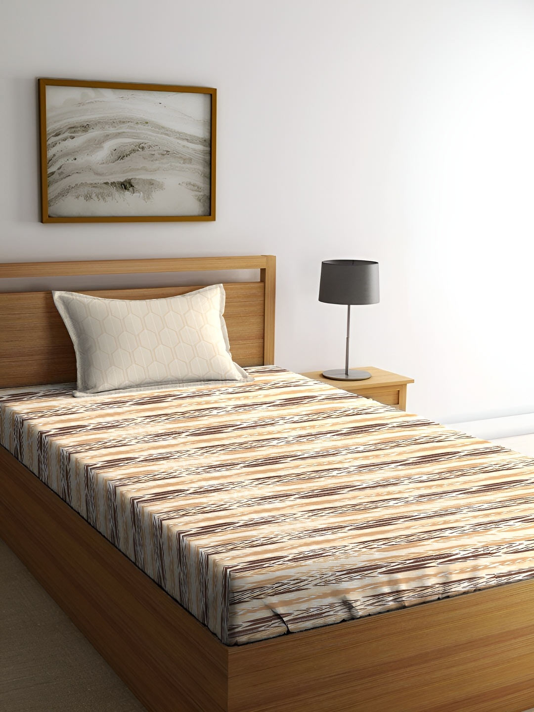 

MYTRIDENT Brown & Off White 144 TC Cotton Single Bedsheet with 1 Pillow Covers
