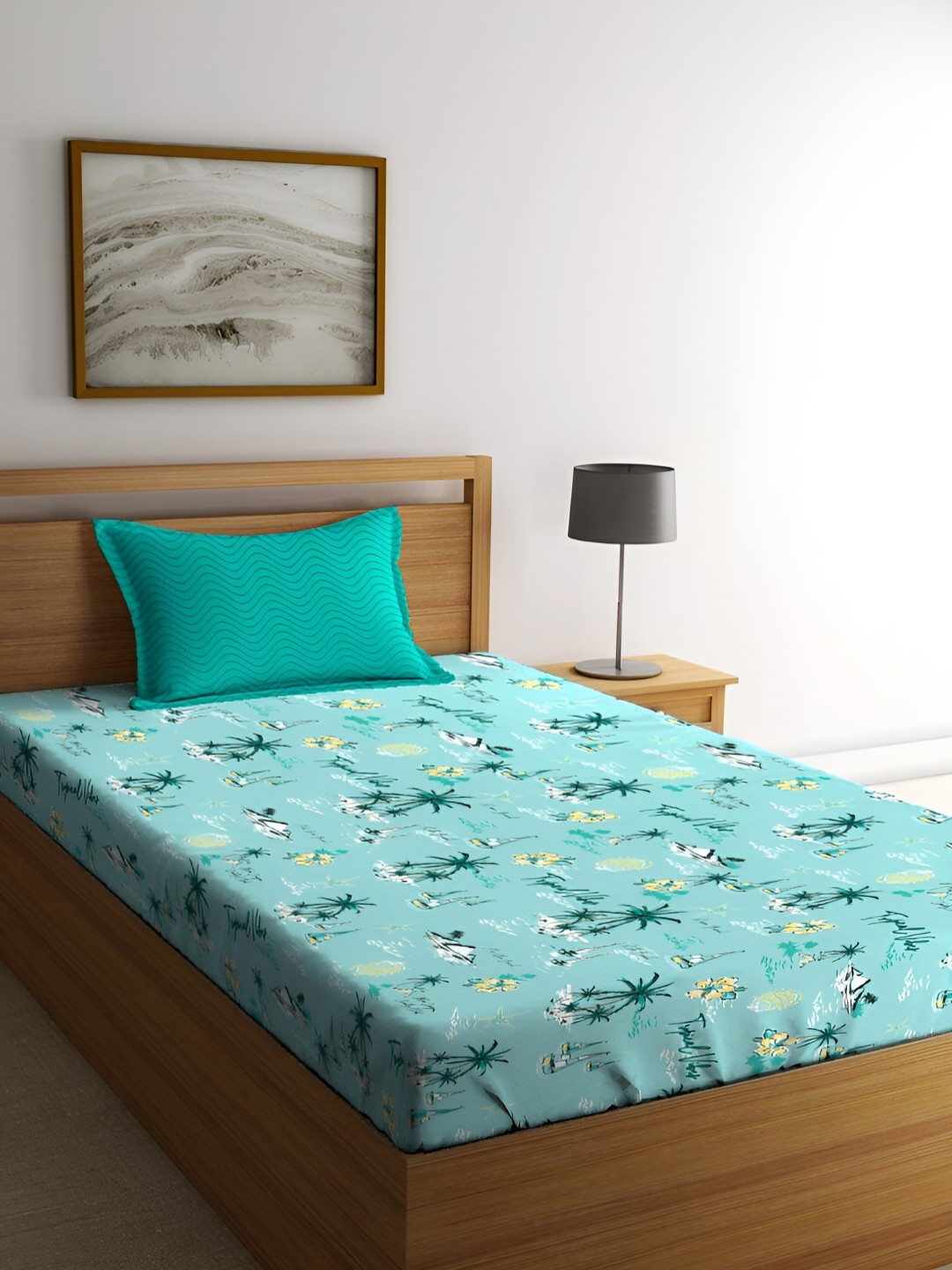 

MYTRIDENT Blue & Yellow Floral 144 TC Cotton Single Bedsheet with 1 Pillow Covers