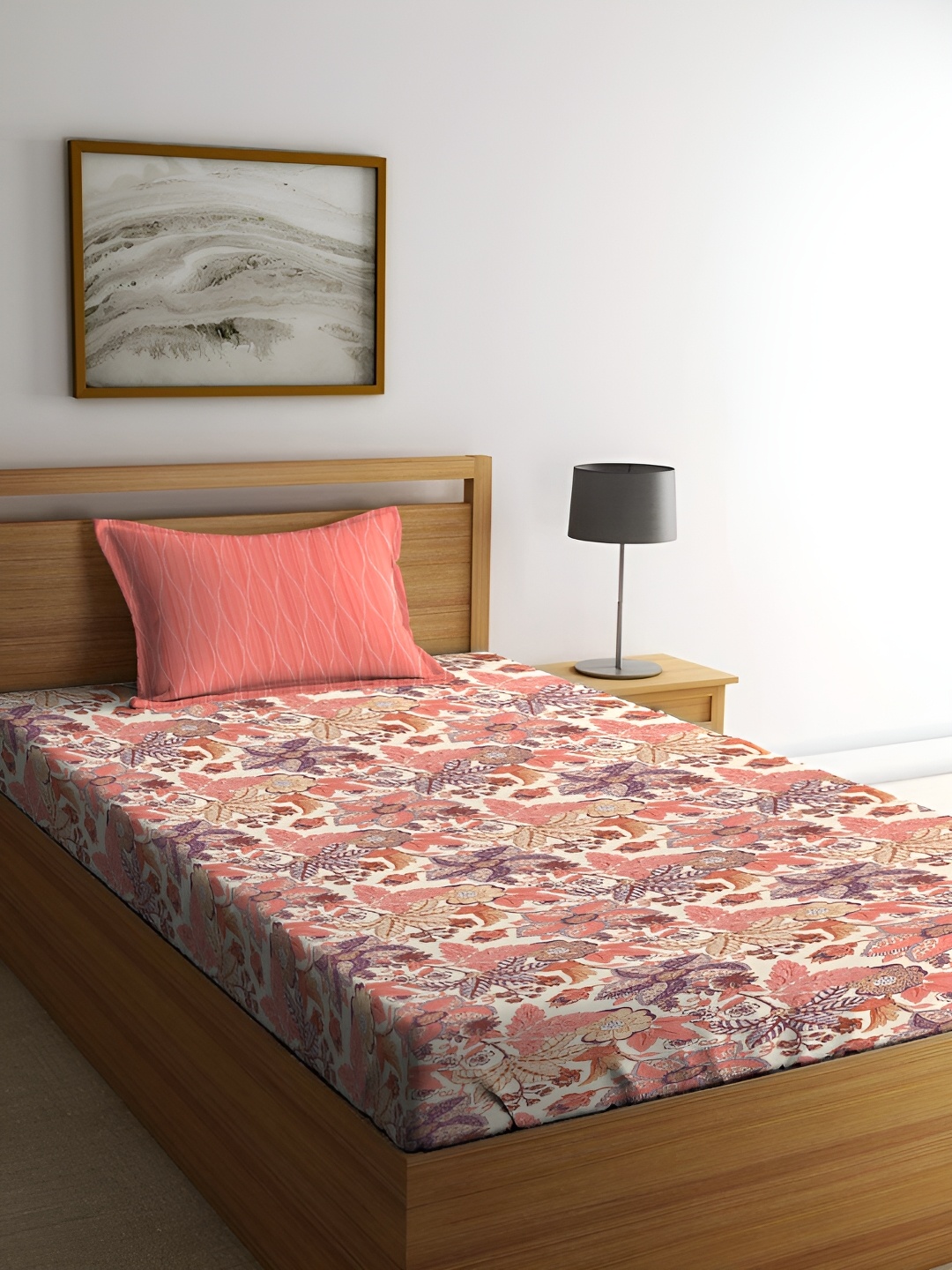 

MYTRIDENT comfort living Peach Floral 144 TC Cotton Single Bedsheet with 1 Pillow Cover