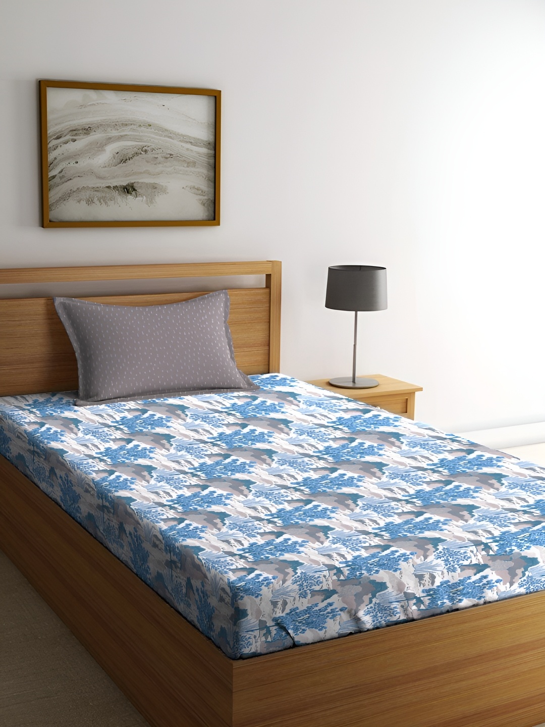 

MYTRIDENT Blue & White Floral Cotton 144 TC Single Bedsheet With 1 Pillow Cover