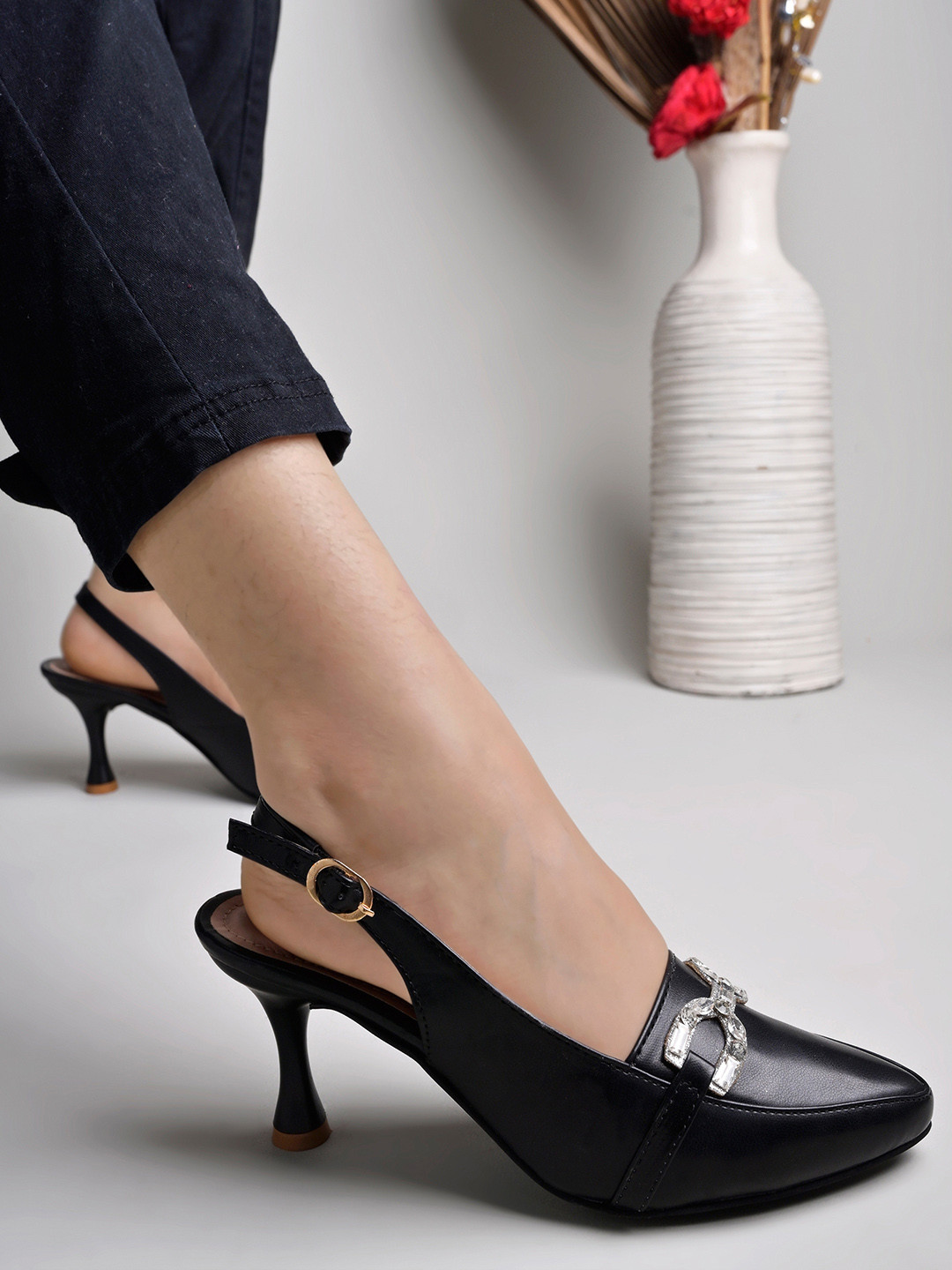 

Shoetopia Embellished Pointed Toe Kitten Heel Pumps, Black