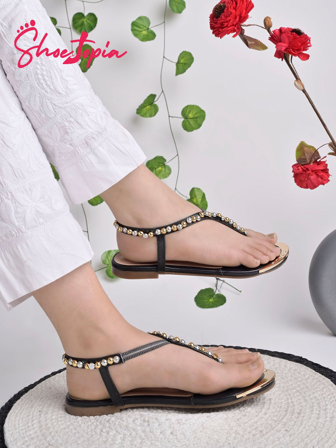 

Shoetopia Embellished Open Toe T-Straps Flats, Black