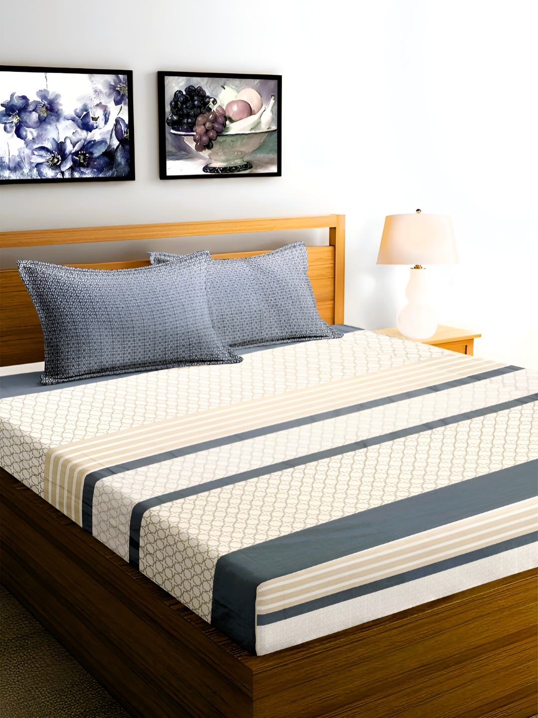 

Srijee Decors Blue & White Striped 250 TC Cotton King Bedsheet with 2 Pillow Covers