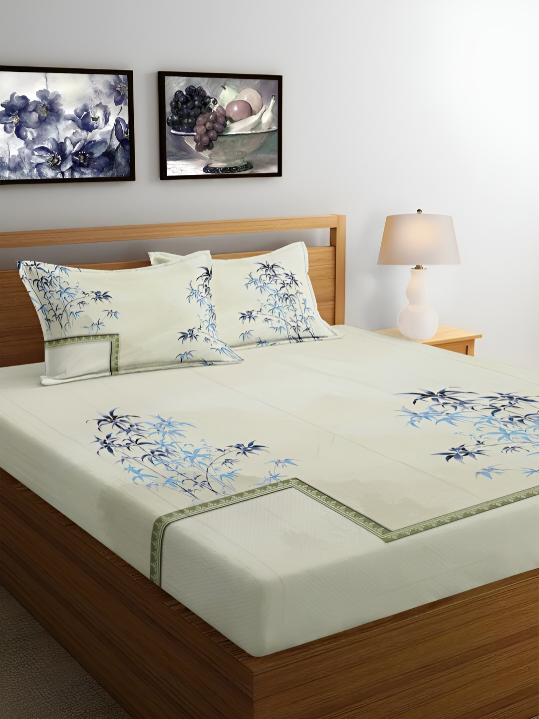 

Srijee Decors Lime Green & Blue Floral 350 TC Cotton King Bedsheet with 2 Pillow Covers