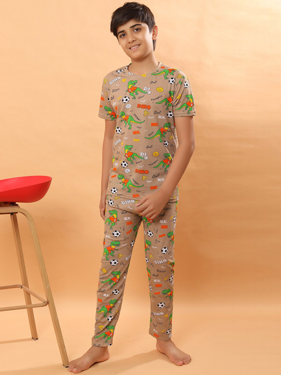 

Ninos Dreams Boys Conversational Printed Pure Cotton T-shirt With Pyjamas, Brown