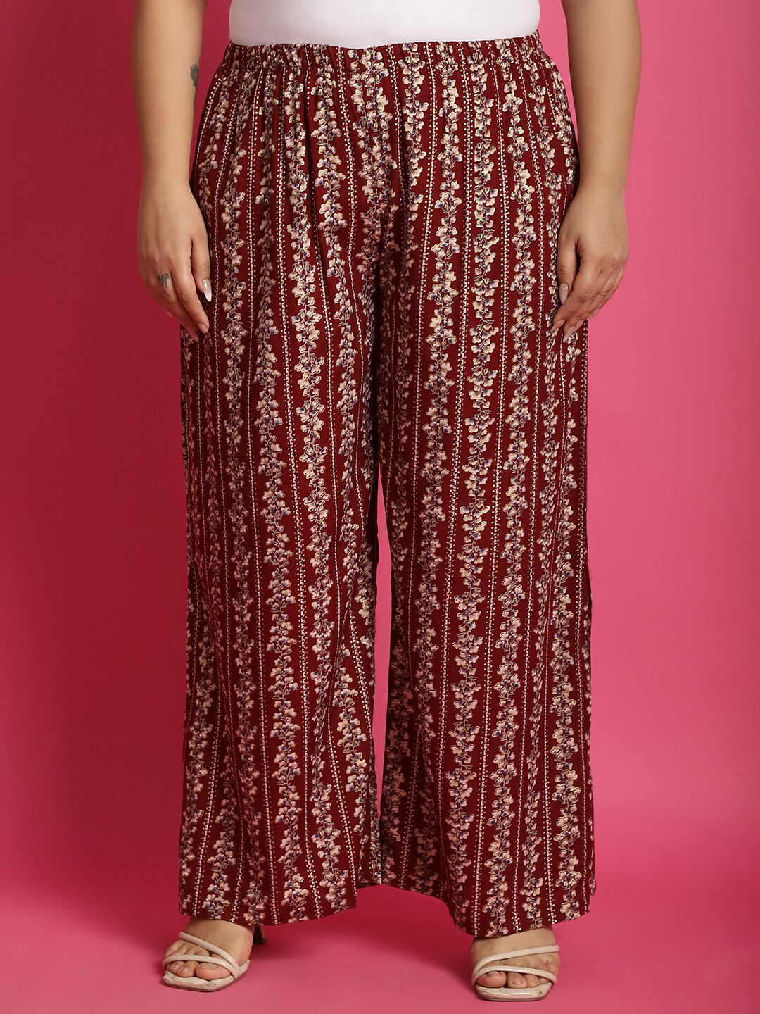 

theRebelinme Plus Size Floral Printed Palazzos, Maroon