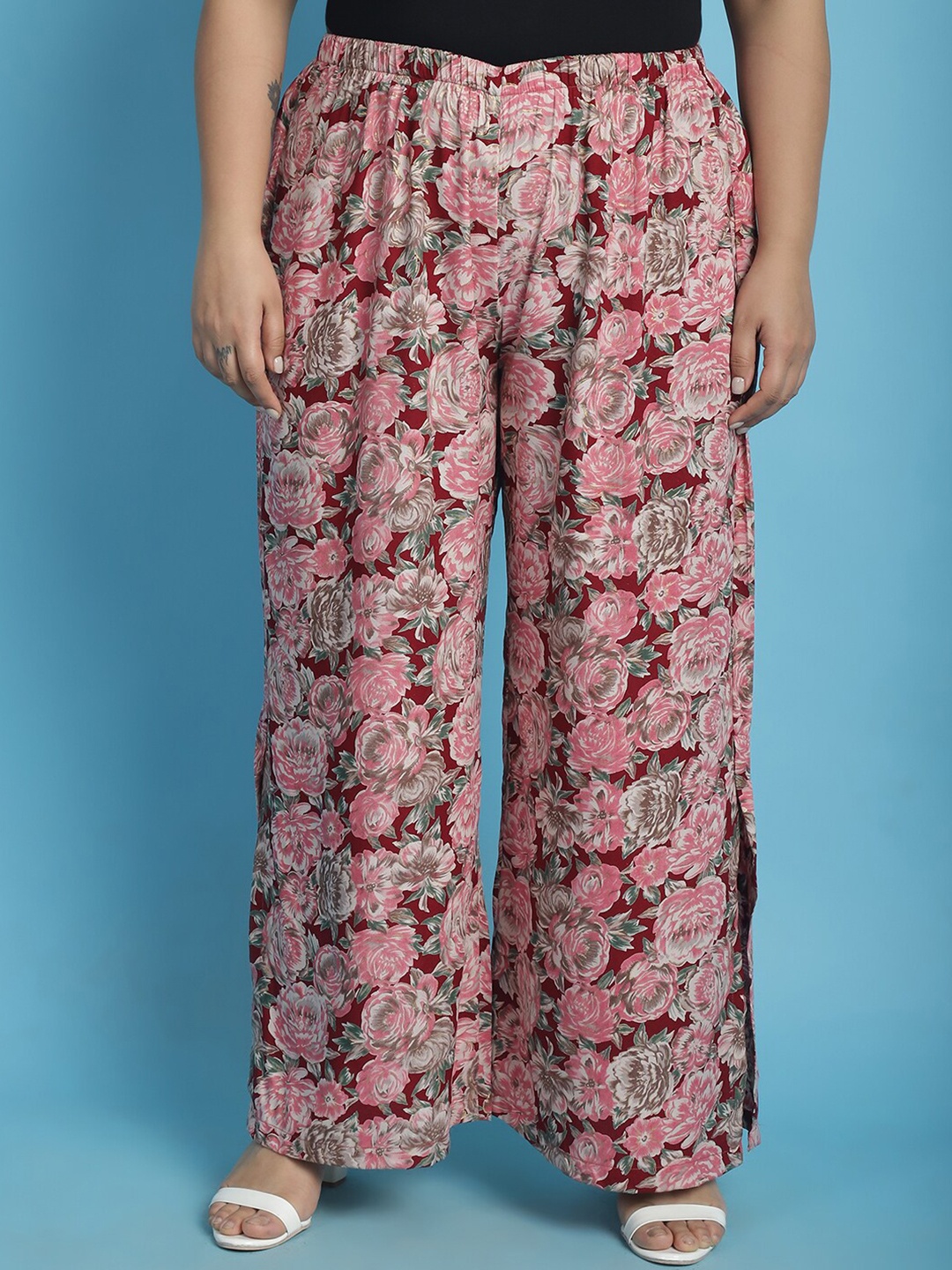 

theRebelinme Plus Size Floral Printed Palazzos, Maroon