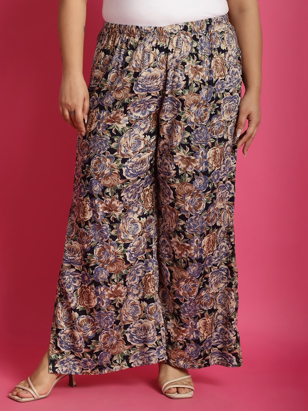 

theRebelinme Plus Size Floral Printed Palazzos, Navy blue