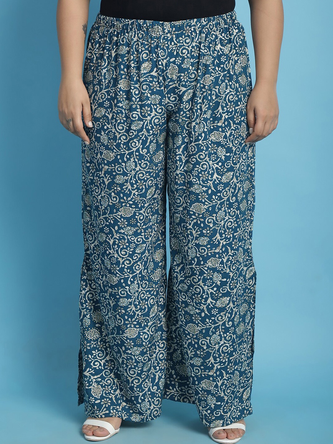 

theRebelinme Plus Size Floral Printed Palazzos, Teal