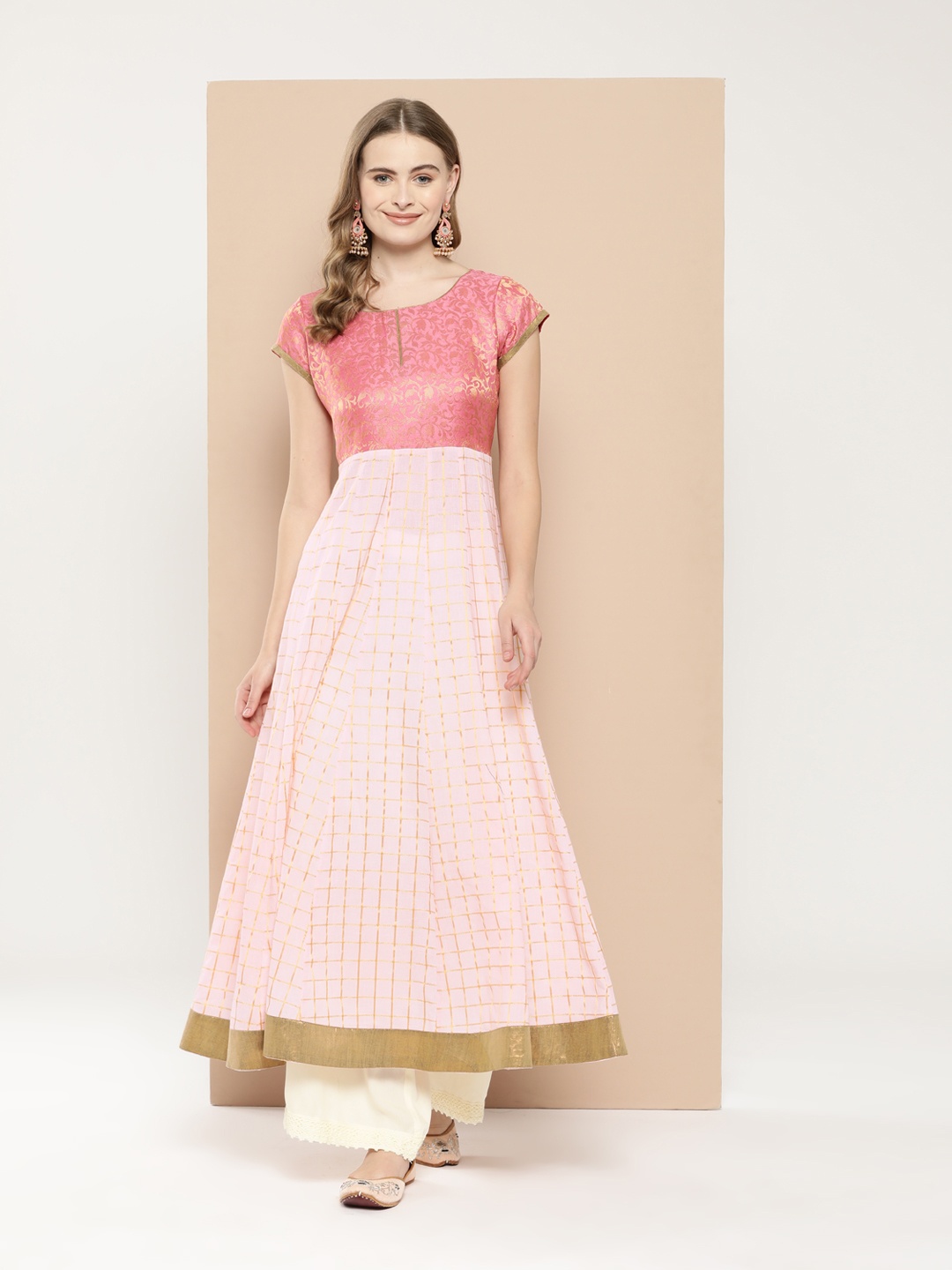 

MBE Checked Brocade Anarkali Pure Cotton Kurta, Pink