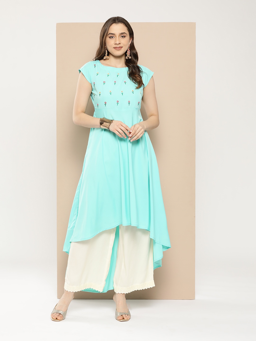 

MBE Floral Embroidered Thread Work Floral Anarkali Kurta, Sea green