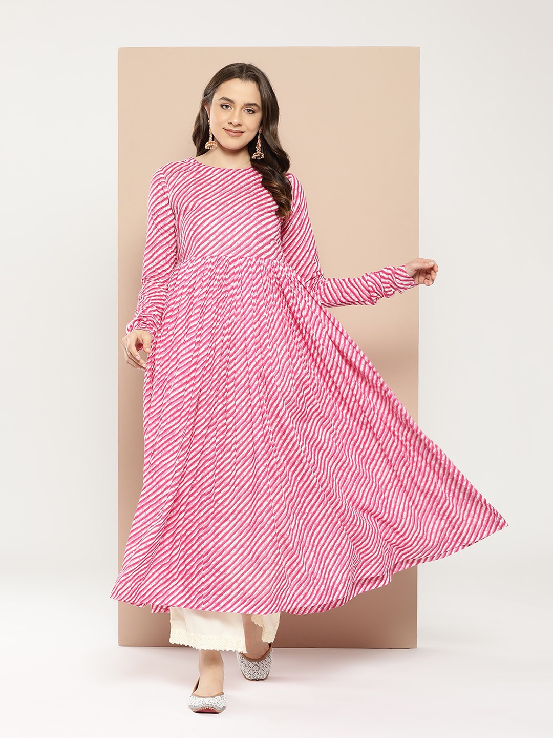

MBE Leheriya Printed Anarkali Pure Cotton Kurta, Pink