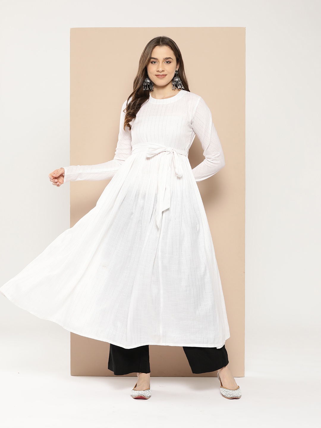 

MBE Striped Anarkali Kurta with Belt, White