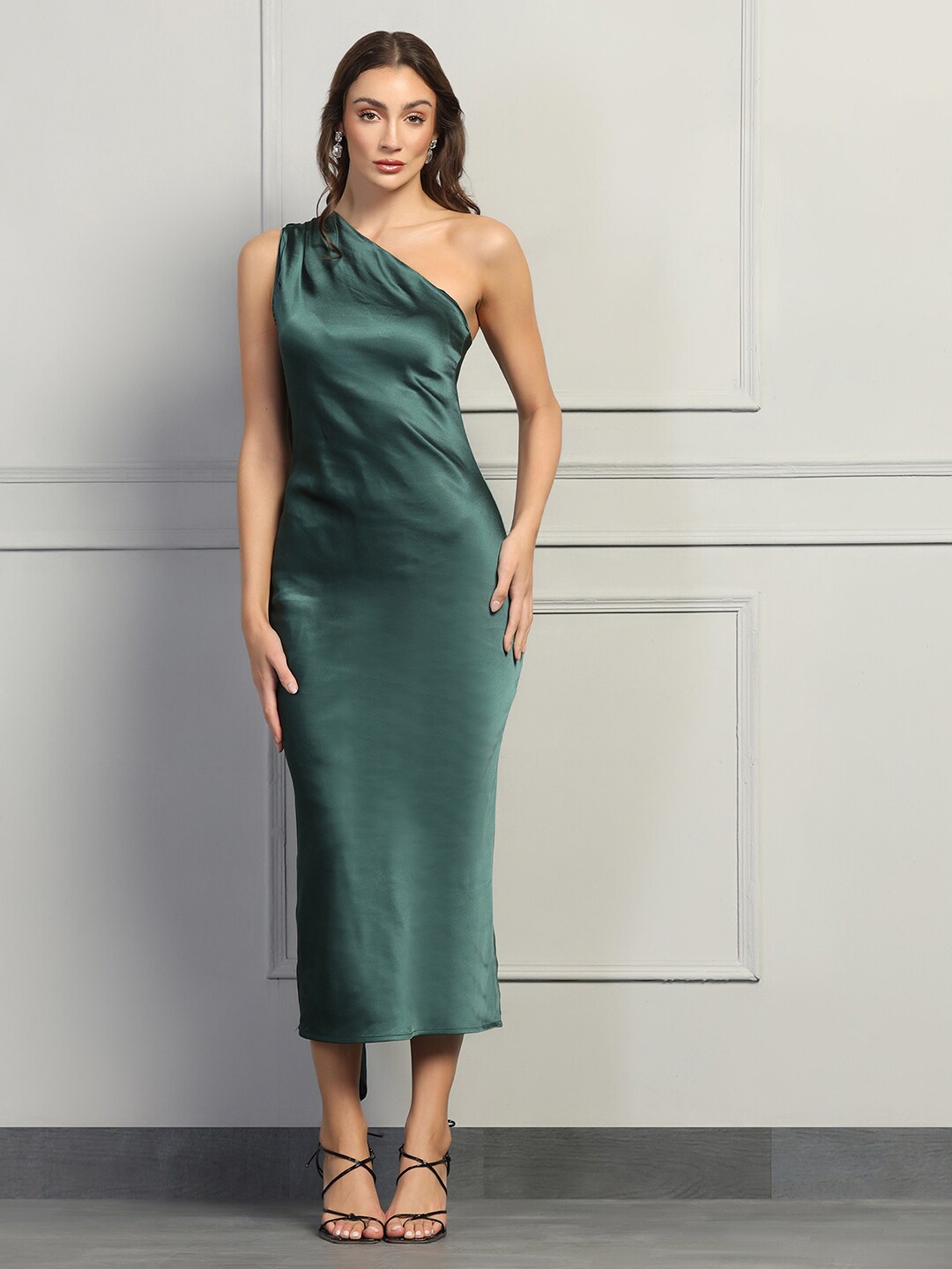 

STARIN One Shoulder Satin Sheath Midi Dress, Green