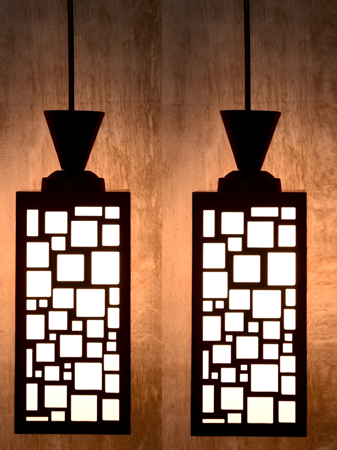 

1ST TIME Brown & White 2 Pieces Textured Wooden Rectangle Contemporary Ceiling Lamps